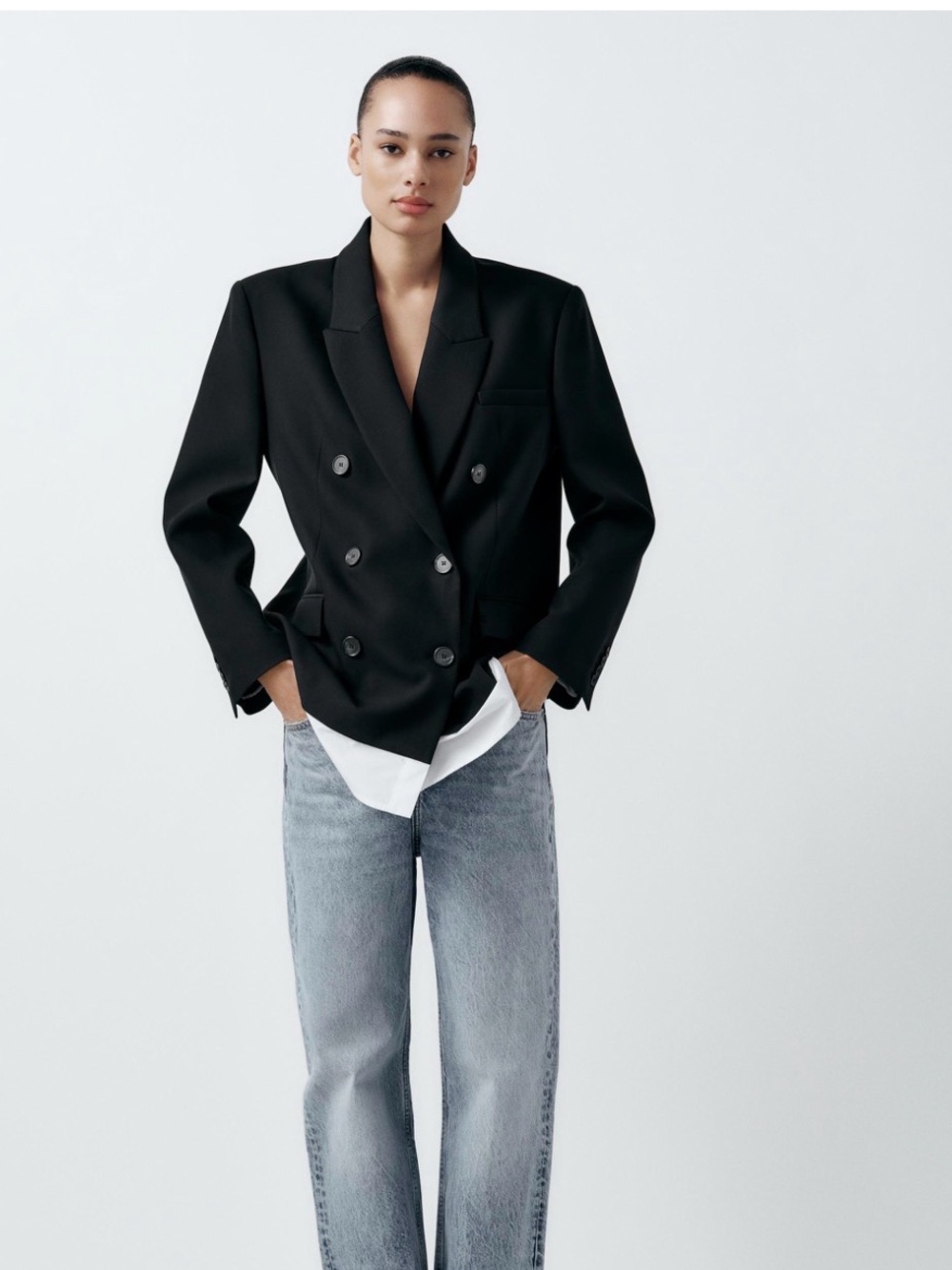NWT Zara Black Double-Breasted Women's Blazer Jacket w/ white Poplin Hem Size L